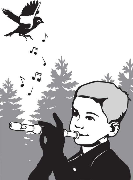 Dječak svira frulu ptici